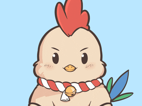 a cartoon chicken is making a peace sign with his hands
