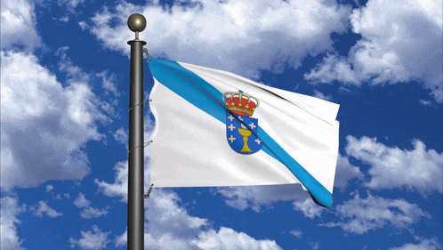 a blue and white flag with a crown on top