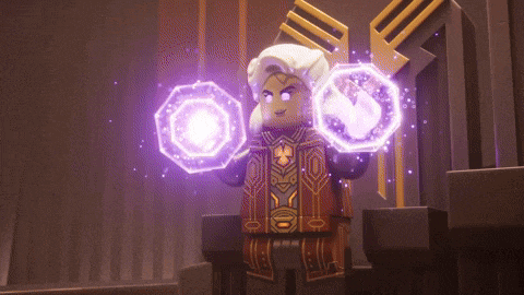 a lego character is holding a purple object in her hands