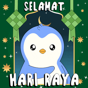 a blue and white penguin with the words selamat hari raya written below it
