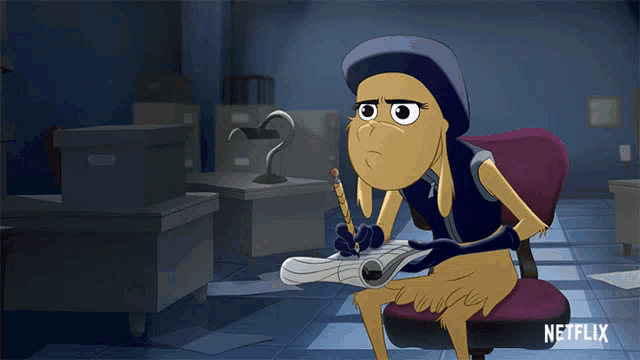 a cartoon character is sitting in a chair writing on a piece of paper with a netflix logo in the corner