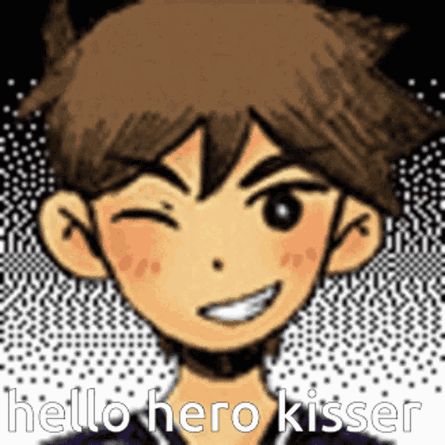a cartoon of a boy with the words hello hero kisser written below him