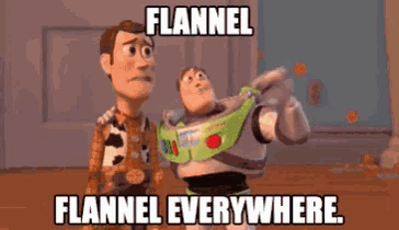 woody and buzz lightyear from toy story are standing next to each other and talking about flannel flannel everywhere .