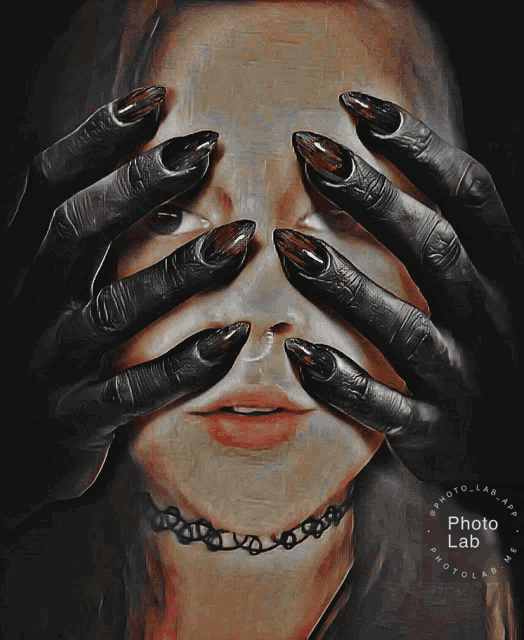 a painting of a woman with long black nails covering her eyes by photo lab