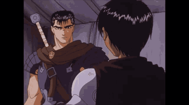 two anime characters are standing next to each other and one has a sword