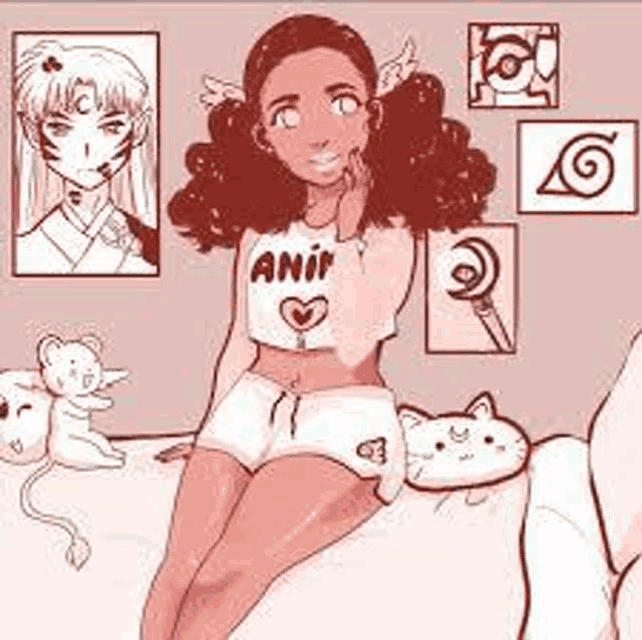 a cartoon girl is sitting on a bed with a cat and a teddy bear .