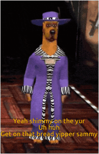 a cartoon dog wearing a purple coat and hat is standing on a wooden floor