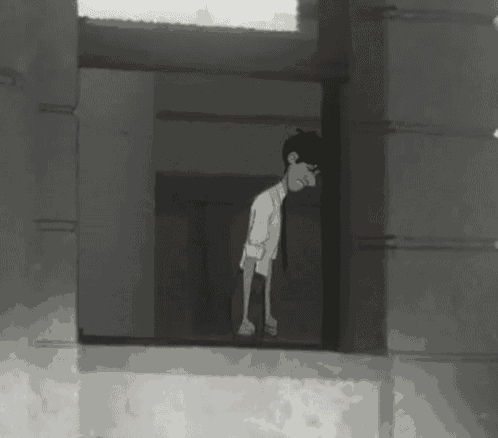 a black and white cartoon of a boy looking out a window