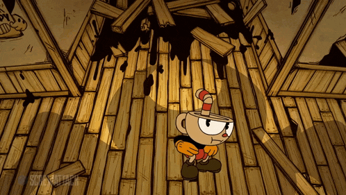 a cartoon character with a cup on his head stands in a wooden room