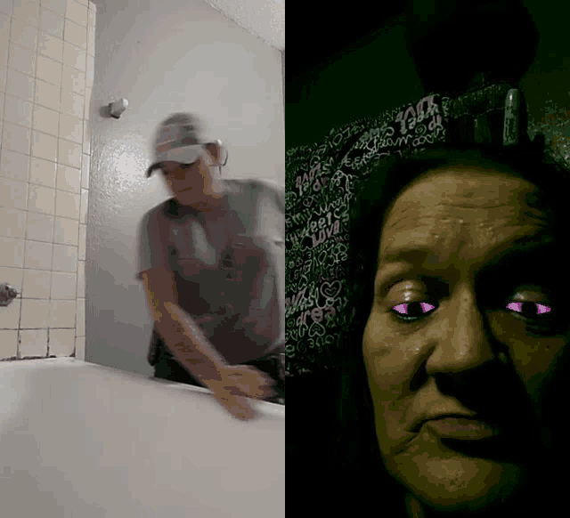 a man in a bathtub next to a picture of a woman with purple eyes