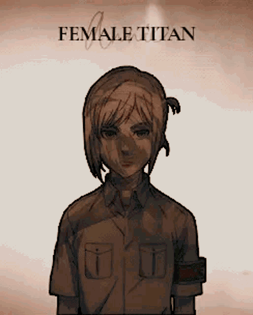 a female titan is standing in front of a cloudy sky .