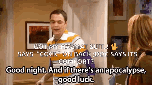 a man in a hazmat suit says " cock " on back