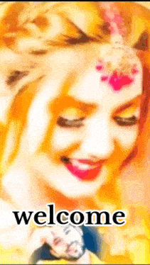 a painting of a woman with the word welcome written below her