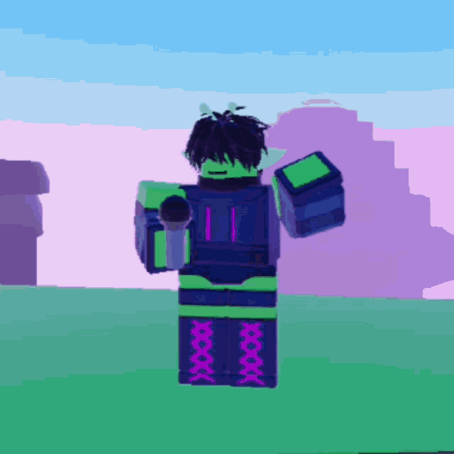 a cartoon character is standing in a field holding a microphone