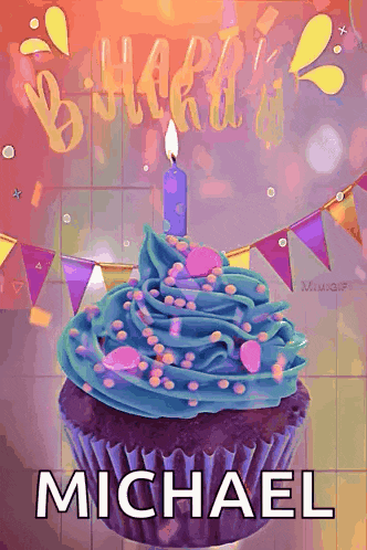 a birthday cupcake with a candle and the name michael on the bottom