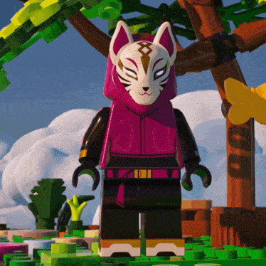 a lego figure with a fox mask and a purple jacket