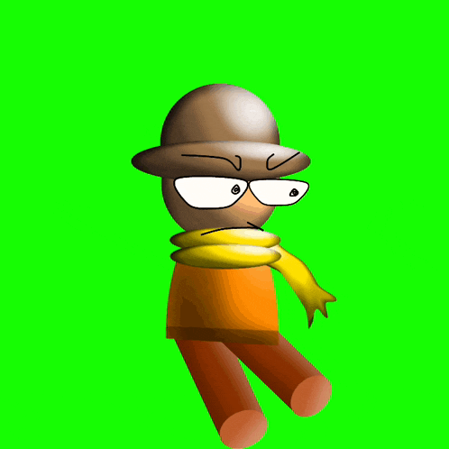 a cartoon character wearing a hat and scarf on a green background