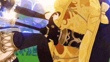 a cartoon of a person holding a sword and another person holding a shield