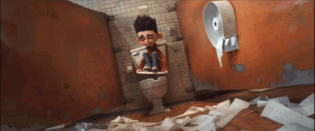 a cartoon character is sitting on a toilet with a roll of toilet paper behind him