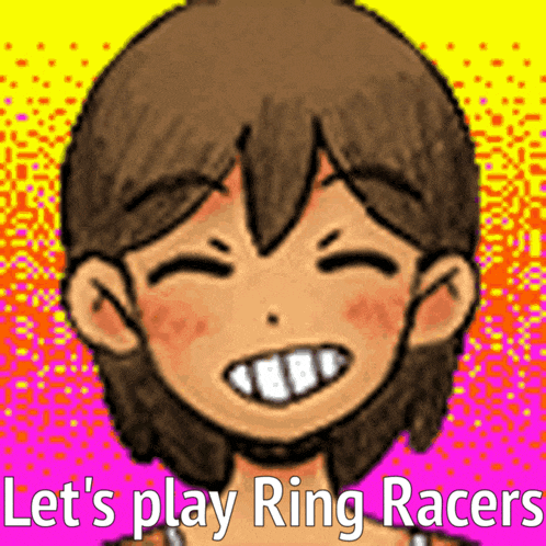 a cartoon of a girl smiling with the words let 's play ring racers .