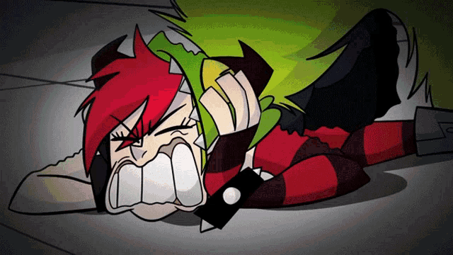 a cartoon character with red hair and green hair is laying down