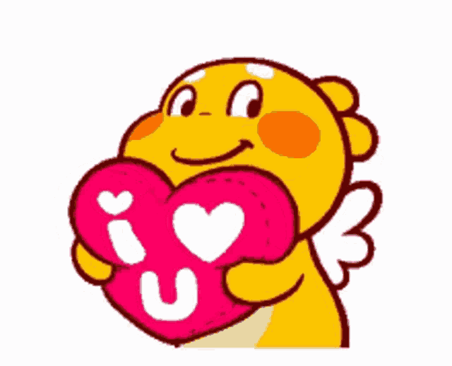 a yellow cartoon character is holding a pink heart in his hands .