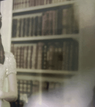 a woman is standing in front of a bookshelf in a library