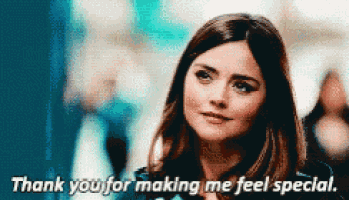 a woman says " thank you for making me feel special " in a blurry photo