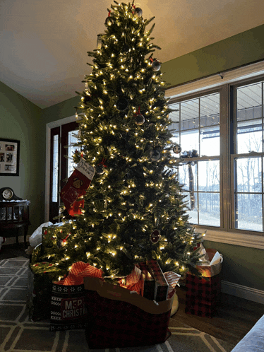 a christmas tree in a living room with a bag that says merry christmas on it