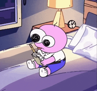 a cartoon character is sitting on a bed holding a notebook and a pen