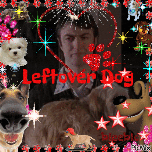 a picture of a man surrounded by dogs with the words leftover dog on it