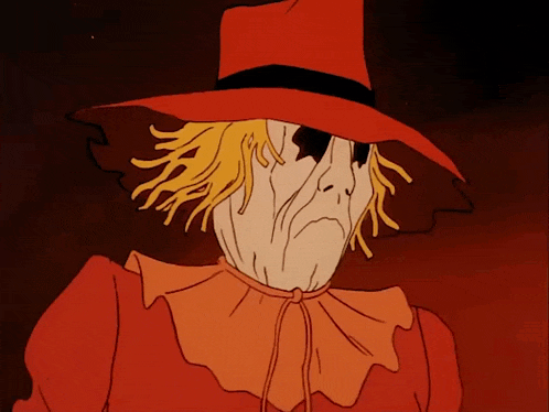 a scarecrow is wearing a red hat and orange collar