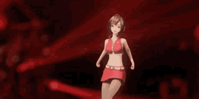 a girl in a red skirt is standing with her arms outstretched