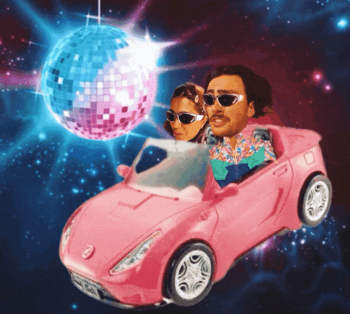 a man and woman in a pink car with a disco ball behind them