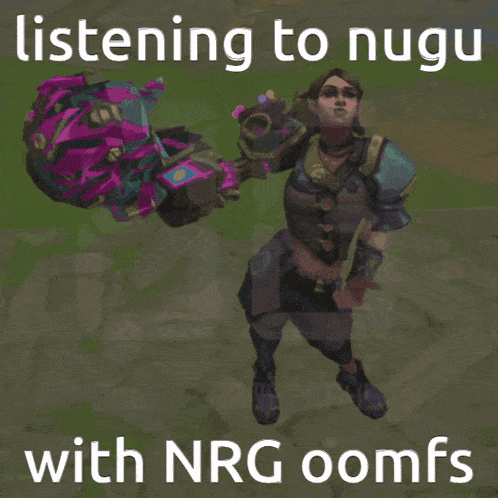 a picture of a man holding a purple weapon with the words listening to nugu with nrg oomfs