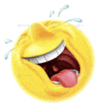 a laughing smiley face with tears coming out of its eyes and tongue sticking out .