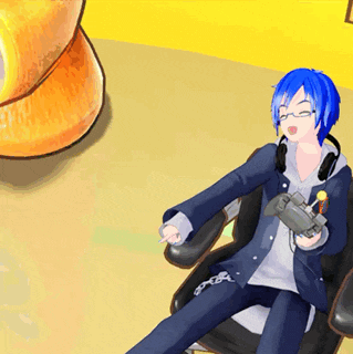a person with blue hair is sitting in a chair holding a remote control