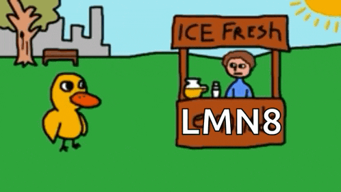 a cartoon duck is standing in front of a ice fresh stand