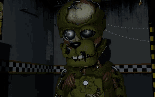 a video game character is in a room with a checkered wall
