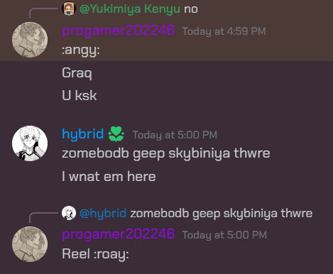 a screenshot of a conversation between yukimiya kenya no and hybrid zomebodb geep skybiniya thwre