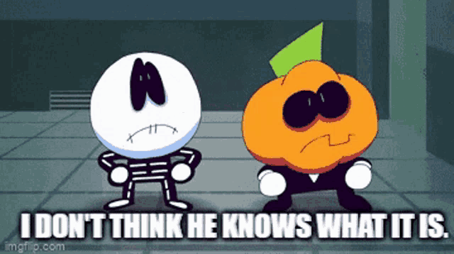 a skeleton and a pumpkin are standing next to each other with the words i don t think he knows what it is