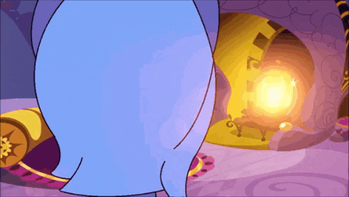 a cartoon character is standing in front of a fireplace with a yellow light coming out of it