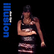 a woman is dancing in front of a black background with the word illusion on it