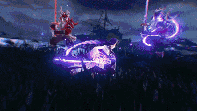 a video game scene with a samurai fighting a monster