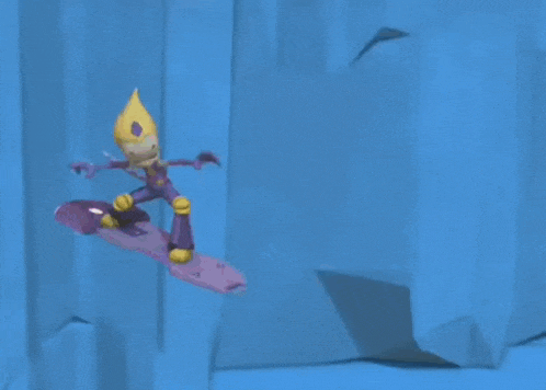 a pink and yellow cartoon character is sitting on a blue surface