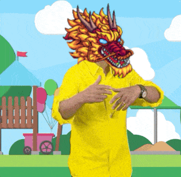 a man wearing a yellow shirt with a dragon head on his head