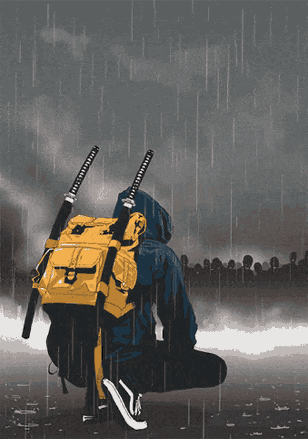 a person sitting in the rain with two swords and a backpack