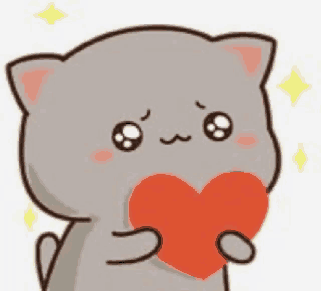 a cute cartoon cat is holding a red heart in its mouth .