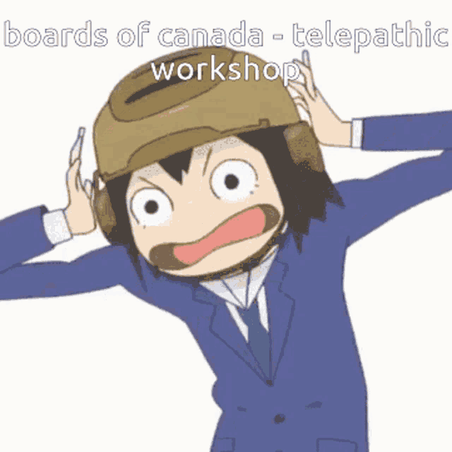 a cartoon of a man wearing a helmet with the words boards of canada telepathic workshop written below him