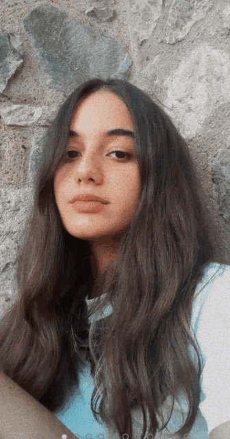 a woman with long brown hair is taking a selfie